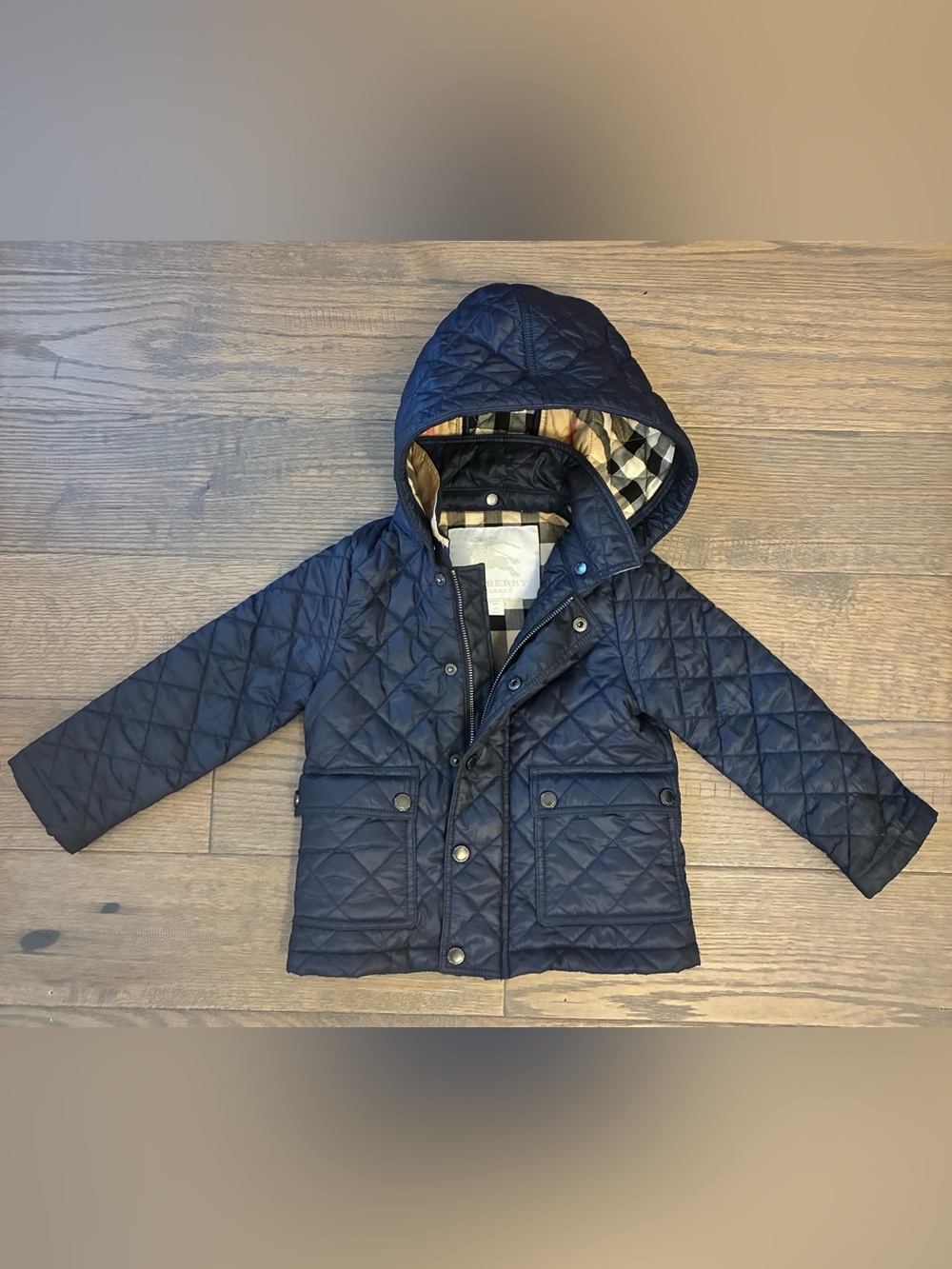 Children’s Burberry Kids Quilted Navy Hooded Jacket